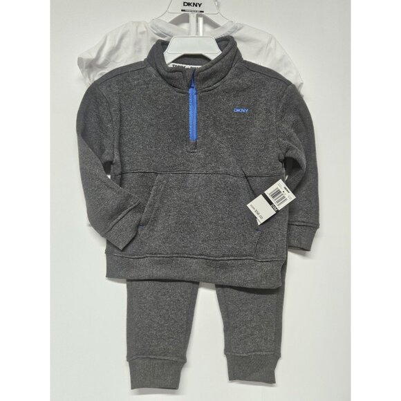 DKNY  24M, Set Of 3, Grey Pull Over Jacket/Grey Pants/ Crew Neck Logo T Shirt - Picture 1 of 8